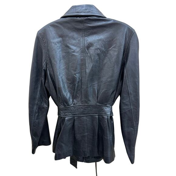 Y2K 90s Minimalist Black Butter Soft Leather Belted Zip Up Jacket Medium - Picture 4 of 10